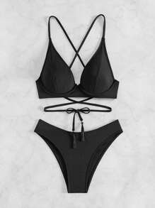 SHEIN Swim Conjunto de bikini de espalda cruzada de unicolor para mujer, playa de verano