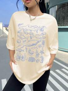 SHEIN EZwear 大码休闲海洋生物印花圆领短袖宽松女式 T 恤 - 杏色 - 查看 5