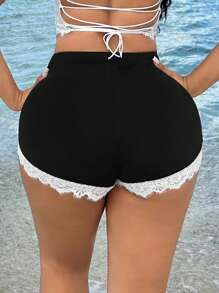 SHEIN SXY Shorts base ajustados con cordón elástico y encaje seductor - Blanco y Negro - Ver 2