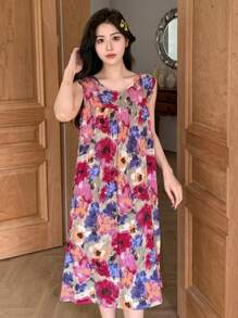 DAZY Women Summer Floral Print Round Neck Sleeveless Nightgown Pajama, Moo Moo Sleep Dress