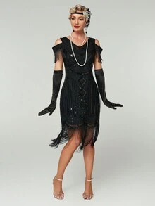 女式拼接流苏露肩短袖 1920 年代复古亮片派对礼服优雅鸡尾酒半正式舞会婚礼宾客礼服，适合生日、毕业典礼、晚宴、返校节