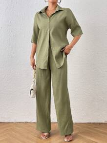 SHEIN LUNE Bộ đồ hai mảnh đơn giản thoải mái mùa hè cho nữ, áo sơ mi tay ngắn trễ vai màu trơn rộng rãi và quần dài - xanh quân đội - Xem 3