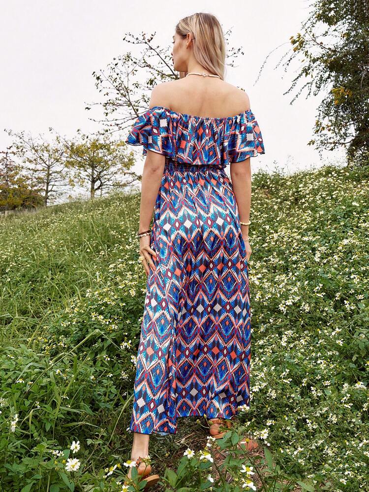 Boho Summer Geometric Print Off Shoulder Slit Dress
