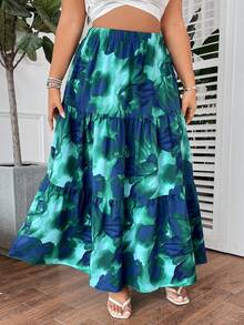 SHEIN Holidaya 大尺寸縮染花卉印花雨傘裙，適用於春夏季節 - 綠色 - 查看 4