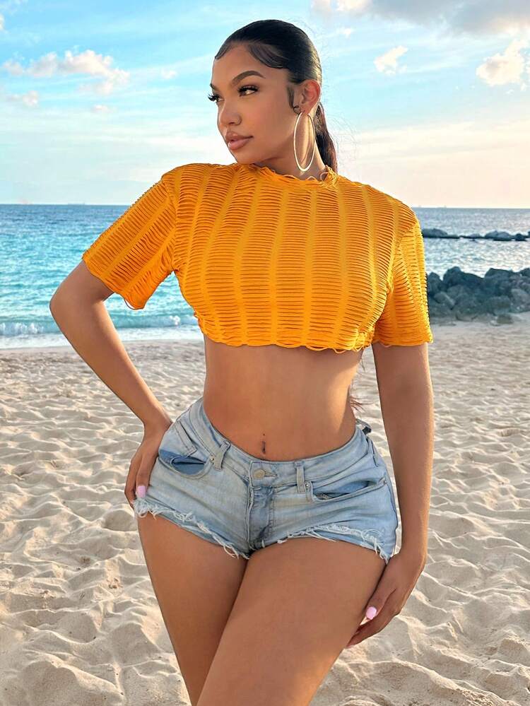 Women Summer Solid Color Round Neck Short Sleeve Cropped Casual T-Shirt Summer Holiday Beach Casual Fairy Flowy Sexy Boho Birthday Bachelorette Party