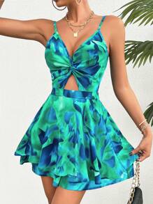 Breezaya 女士夏季扎染連身短褲，腰部空心設計，前面鈕扣 - 藍色 - 查看 6