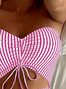 SHEIN Swim Summer Beach Vacation Stripe Bandeau One Piece Swimsuit With Drawstring Waist And Cutout Detail, Random Print - Hot Pink - View 4