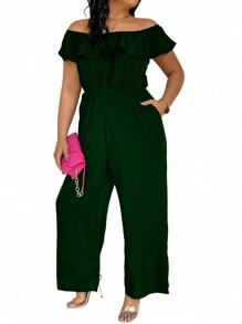 SHEIN Clasi Plus Size Women Summer Solid Color Ruffle Edge Jumpsuit With Off Shoulder, Pockets, And Wide Legs - Green - View 5