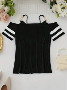 EMERY ROSE Women's Cold Shoulder T-Shirt With Metal Chain Decoration - Multicolor - View 2