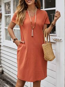 EMERY ROSE Summer Linen Comfortable Dress With Diagonal Pocket And Short Sleeves - Orange - View 3