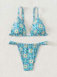 SHEIN Swim Women Summer Beach Floral Print Bandeau Fashion Bikini Set, Random Print - Multicolor - View 1