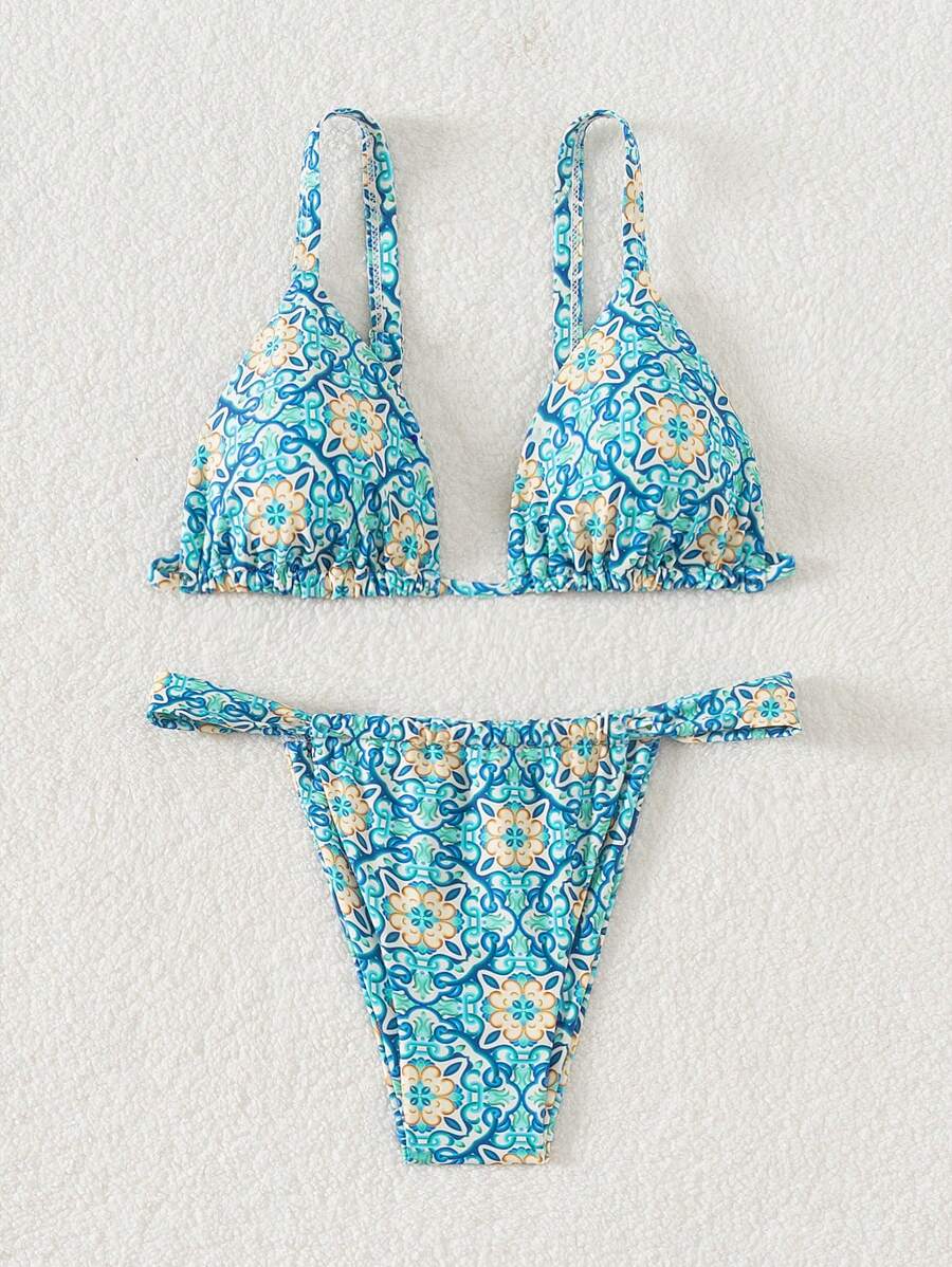 SHEIN Swim Women Summer Beach Floral Print Bandeau Fashion Bikini Set, Random Print - Multicolor - View 1