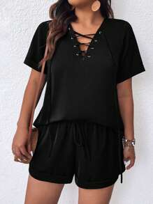 SHEIN LUNE 夏季大碼女士前扣綁設計短袖襯衫和短褲套裝 - 黑色 - 查看 5