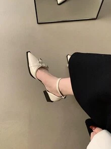 Women Chunky Heel Pointed Toe Low Vamp Ivory White High Heels - Beige - View 4