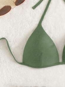 Ladies' Summer Beach Solid Color Halter Neck Bikini Top For Vacation - Army Green - View 3