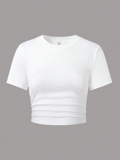 SHEIN Teen Girl Solid Color Wrinkle Design Cropped Tight T-Shirt