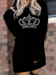 INAWLY Women Spring/Summer Crown Rhinestone Embellished Hoodie Long Sleeve Casual Dress - Black - View 1