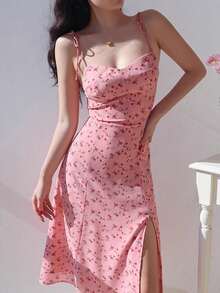 Summer Casual Ditsy Floral V-Neck Sleeveless A-Line Dress With Side Slit - Pink - View 8