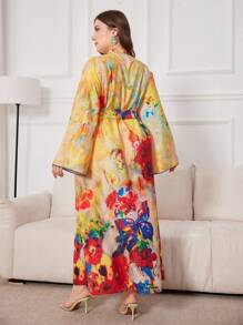 Al Najma Women Plus Size Flower Print Arabian Modest Long Sleeve Dress - Yellow - View 2