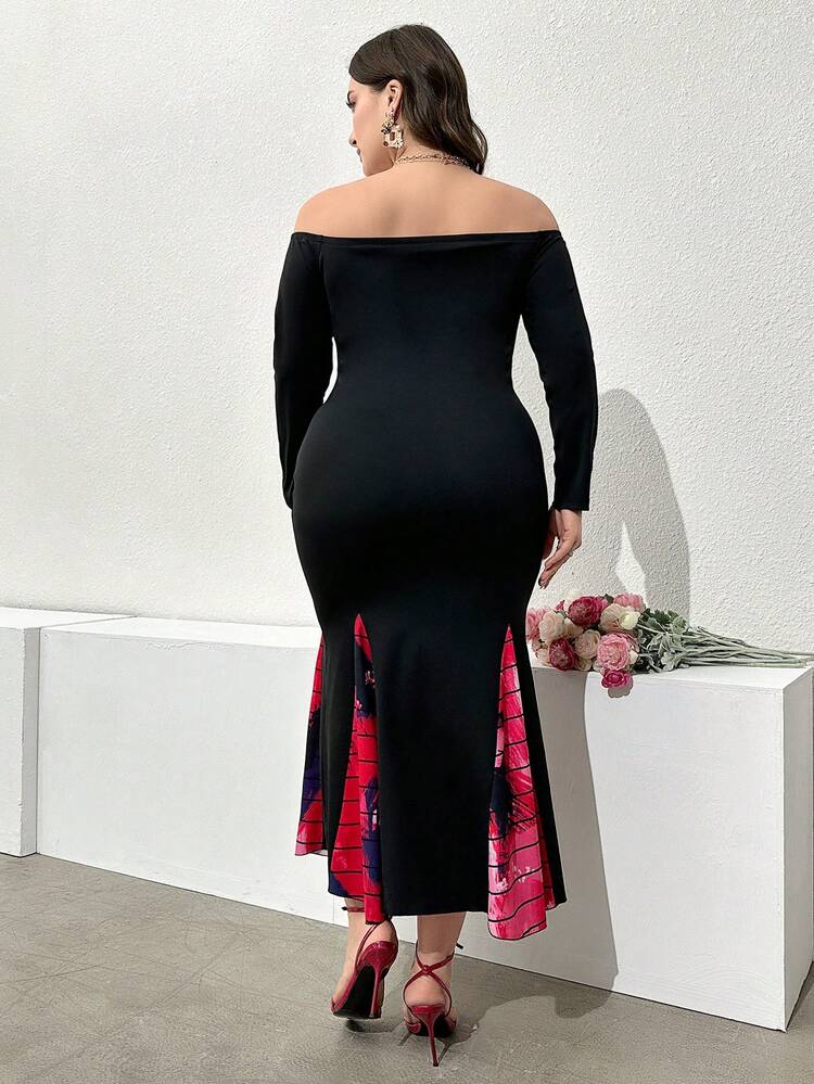 Plus Size Off-Shoulder Printed Splice Slim Fit Fashion Dress
