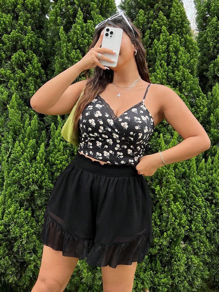 Women Plus Size Summer Casual Daily Black Semi-Sheer Fabric Ruffle Detail Patchwork Solid Color Shorts