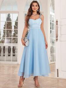 Tie-Up A-Line Organza Bridesmaid Dress - Blue - View 3