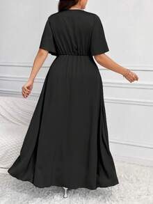 Celure Plus Size Solid Color Twisted Cinching Waist High Slit Dress For Spring/Summer - Black - View 2