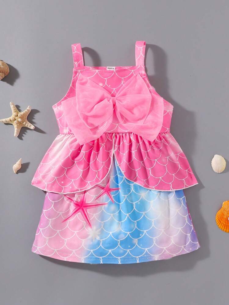 2pcs Young Girl Cute Mermaid Princess Fish Scales Print Tank Top With Bow Decor & Skirt Set