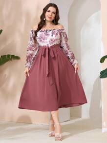 Modelyn Random Floral Printed Plus Size Off-Shoulder Long Sleeve Spring/Summer Dress Maxi Women Outfit Long Evening Dresses