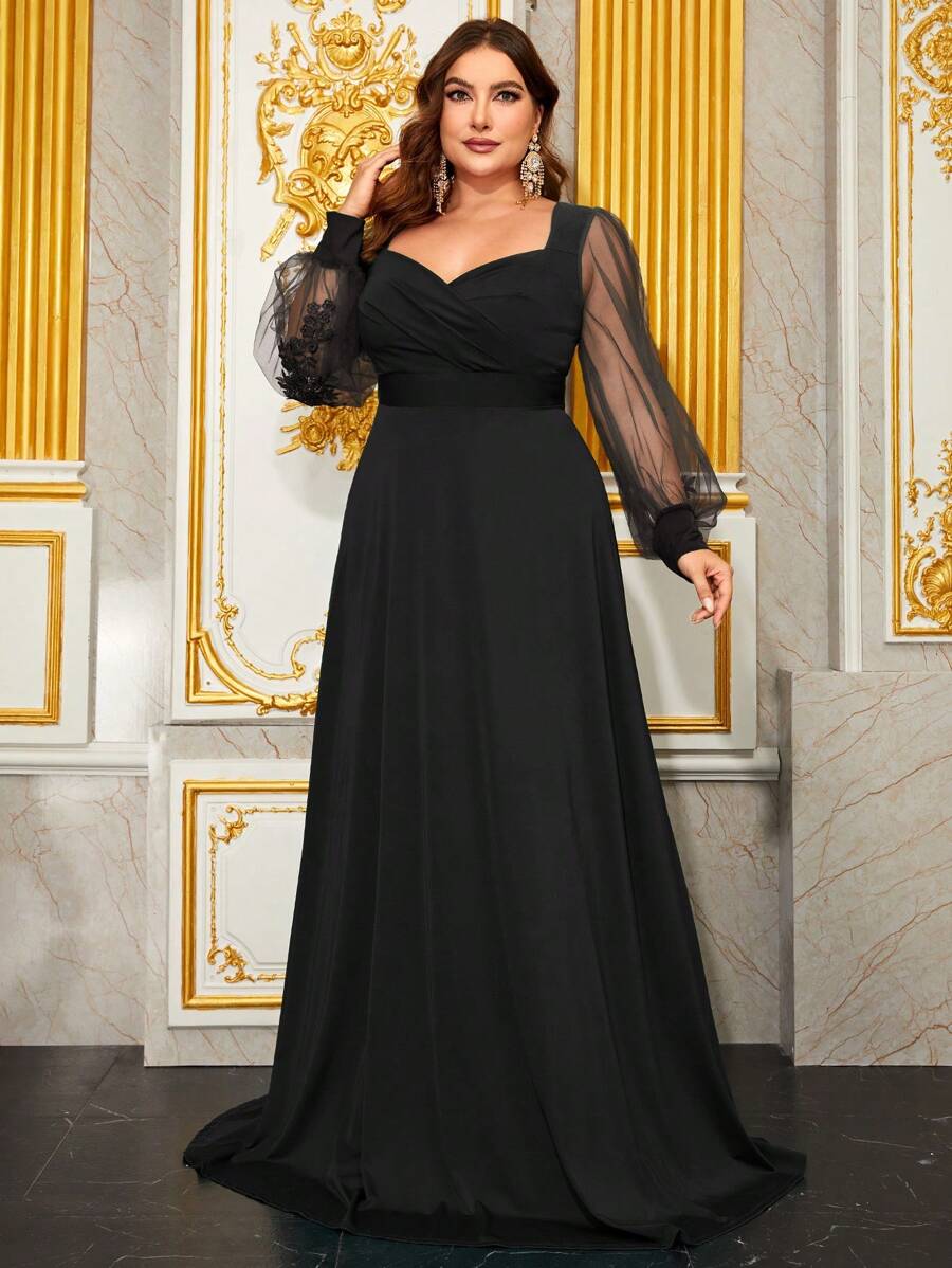 YISIKADO 女士大码晚会礼服钻石装饰领口刺绣网眼印花长袖露背秋季礼服黑色优雅长袖正式舞会婚礼宾客礼服，适合毕业典礼、晚宴 - 黑色 - 查看 1