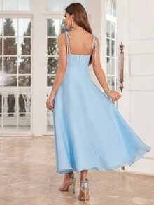 Tie-Up A-Line Organza Bridesmaid Dress - Blue - View 2