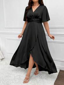 Celure Plus Size Solid Color Twisted Cinching Waist High Slit Dress For Spring/Summer - Black - View 5