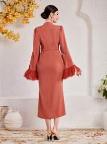 Modelyn Cloak Sleeve Fringe Trim Mock Neck Split Dress - Dusty Pink - View 2