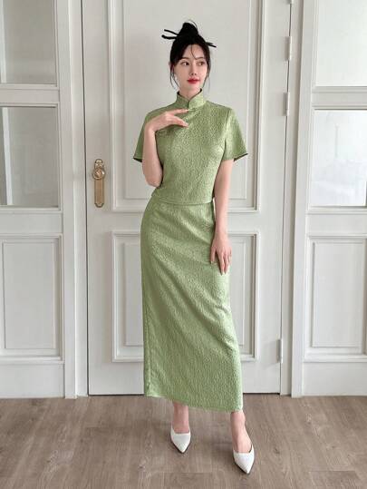 EastFlair Neo-Traditional Chinese Cheongsam Collar Top & Jacquard High Waist Flare Skirt Set