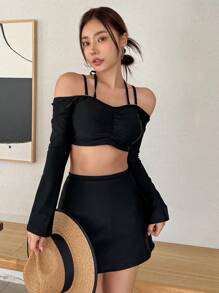 DAZY Ladies Solid Color Open Shoulder Long Sleeve Tankini With Ruffle Design For Vacation Summer,Beach Women Outfits