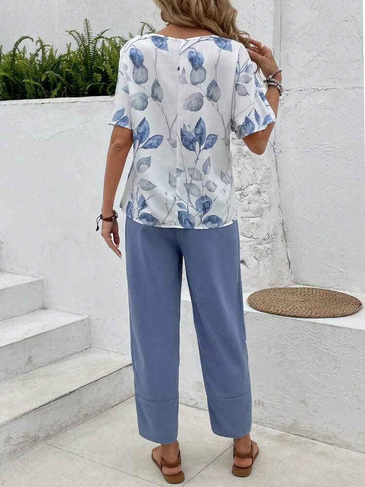 Conjunto de 2 piezas para mujeres: Top y pantalones de manga corta con estampado de flores, ropa casual de verano para mujeres