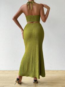 Chiquease Phụ Nữ Mùa Hè Xoắn Nút Hở Mặt Trước Dây Cổ Crop Top Và Nàng Tiên Cá Viền Váy Midi Ôm Vừa Vặn Phù Hợp Với - màu xanh lá - Xem 2