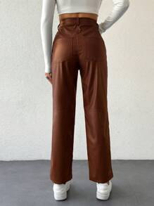 SHEIN Cottnline Women\ Solid Color Zipper Closure Long Pants - Camel - View 2