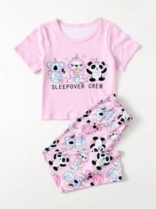 Young Girl Letter & Cartoon Graphic PJ Set - Pink - View 5