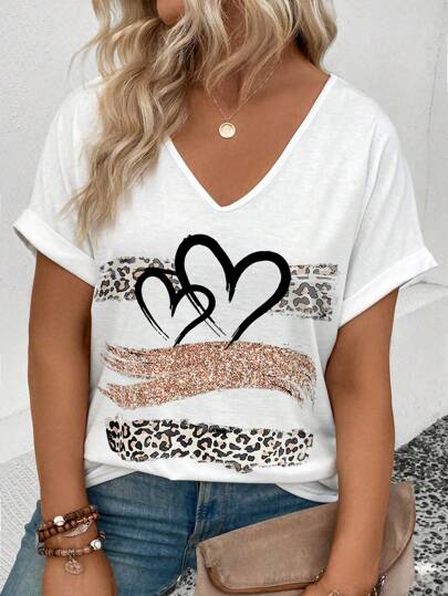 INAWLY Plus Size Leopard Print Heart Patterned Short Sleeve T-Shirt For Summer Graphic Cheetah Print Tees Women Tops