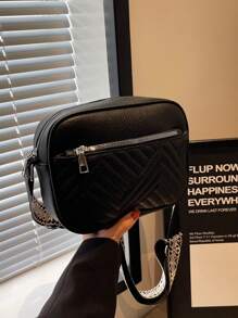 Solid Color Diamond Pattern Simple & Elegant Fashionable Shoulder Bag For School, Work, Leisure, Travel - Black - View 6