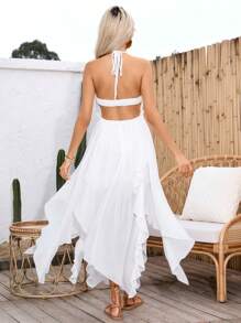 GENKIRA Đầm hè nữ không tay cổ yếm chéo vạt lệch với chi tiết bèo nhún. - trắng - Xem 2