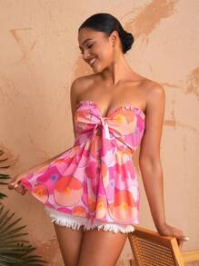 Debra Valencia Designer Bow Knot Printed Tube Top, For Summer, Holiday, Vacation, Spring, Going Out, Festival, Ibiza Fits