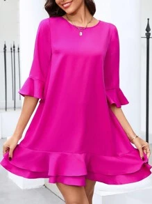 SHEIN Clasi Vestido de línea A con dobladillo con volantes en color rosa brillante para mujer - Rosa Fucsia - Ver 6