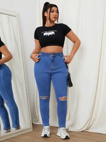 SHEIN EZwear Kích thước lớn Của phụ nữ Thon gọn Quần jean Với Giường đôi tiêu chuẩn Túi Và Đau khổ Chi tiết - Rửa nhẹ - Xem 4