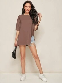 SHEIN Essnce Camiseta casual de verano con hombros caídos y aberturas laterales en un solo color - Marrón Mocha - Ver 4