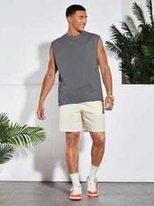 Manfinity RebelGame Canotta casual da uomo con stampa di alberi di cocco e lettere, con ampia fascia, per vacanza estiva