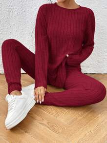 SHEIN Frenchy Women's Solid Color Round Neck Drop Shoulder Long Sleeve Ribbed T-Shirt And Pants Casual 2-Piece Set Winter Christmas New Year Red Spring Valentine's Day - Burgundy - View 4