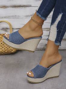 Sandalias romanas de plataforma con tacón grueso para mujer, zapatillas de exterior - Azul - Ver 5