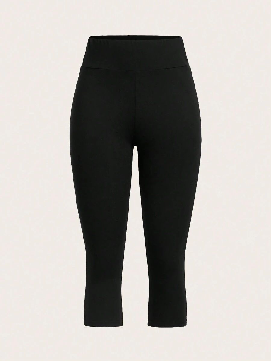Women Simple And Comfortable Solid Color Sports Capri Leggings - Black - View 1